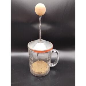 Vtg Hazel Atlas Glass Measuring Cup Nut Chopper w/ Wood Disc Farmhouse Decor